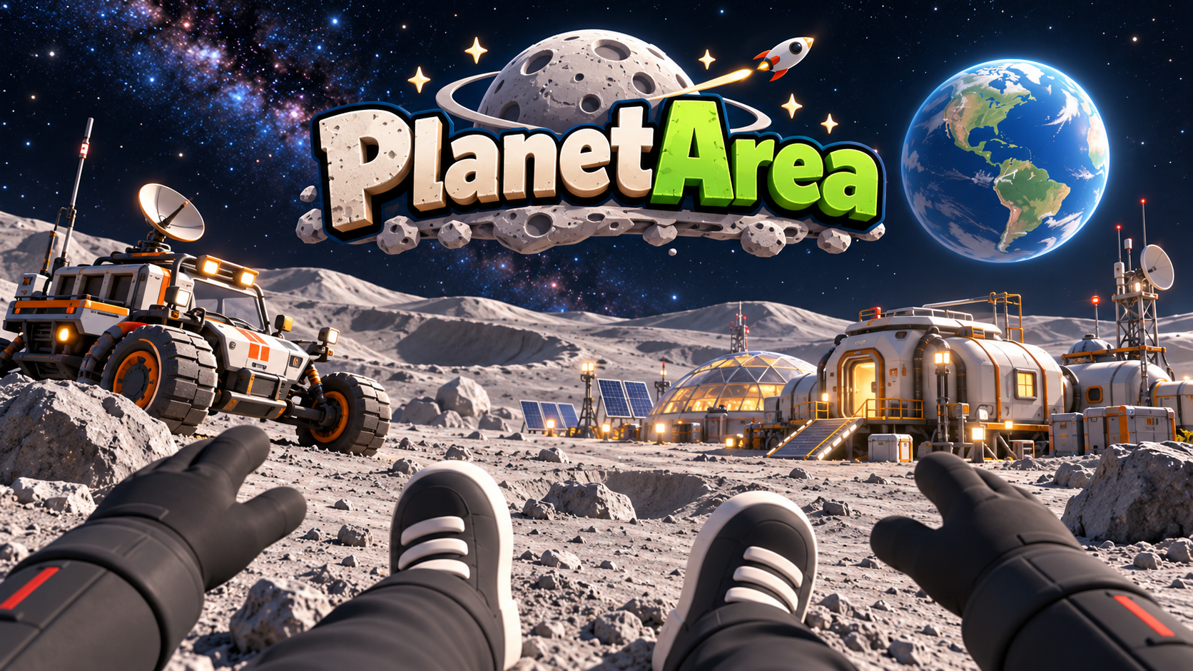 Concept di PlanetArea: rover, colonia lunare illuminata e Terra nel cielo